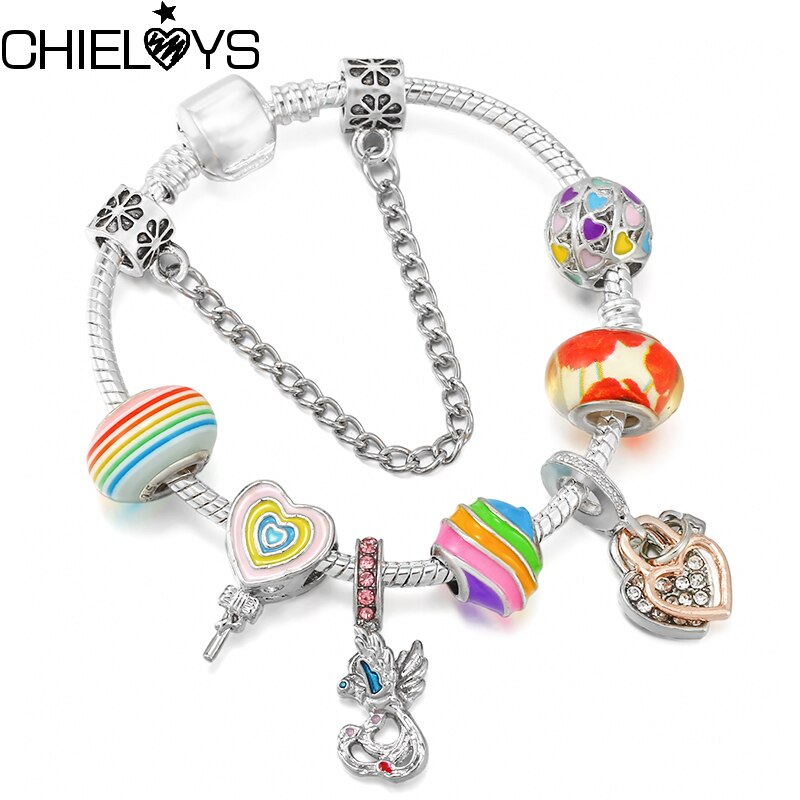 Colorful Lollipops Beads Heart-shaped Pendant Charm Bracelet For Women With Snake Chain Brand Bracelet Jewelry