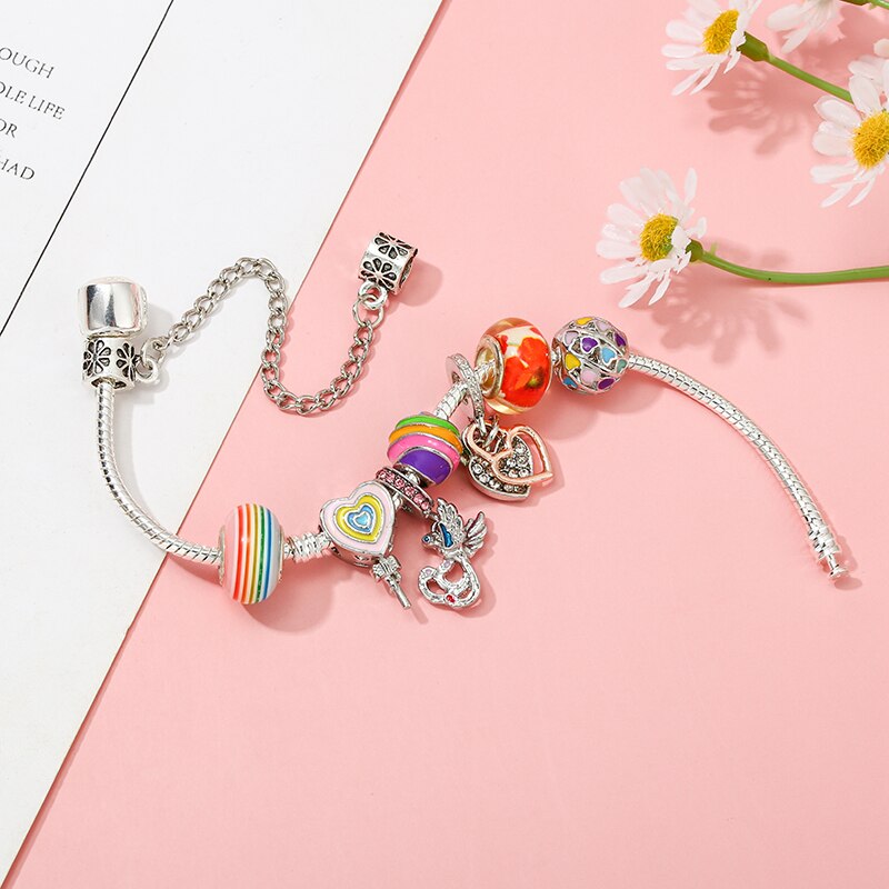 Colorful Lollipops Beads Heart-shaped Pendant Charm Bracelet For Women With Snake Chain Brand Bracelet Jewelry