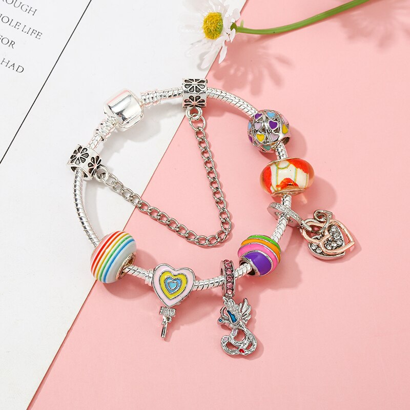 Colorful Lollipops Beads Heart-shaped Pendant Charm Bracelet For Women With Snake Chain Brand Bracelet Jewelry