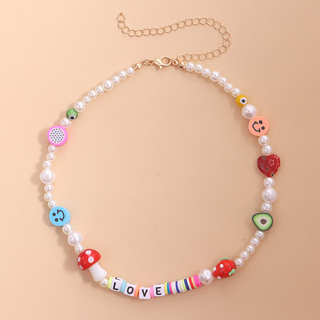Colorful Mushroom Fruit Smiley Love Pattern Choker Bohemia Short Necklace White Imitation Pearl Zinc Alloy Beaded Necklace