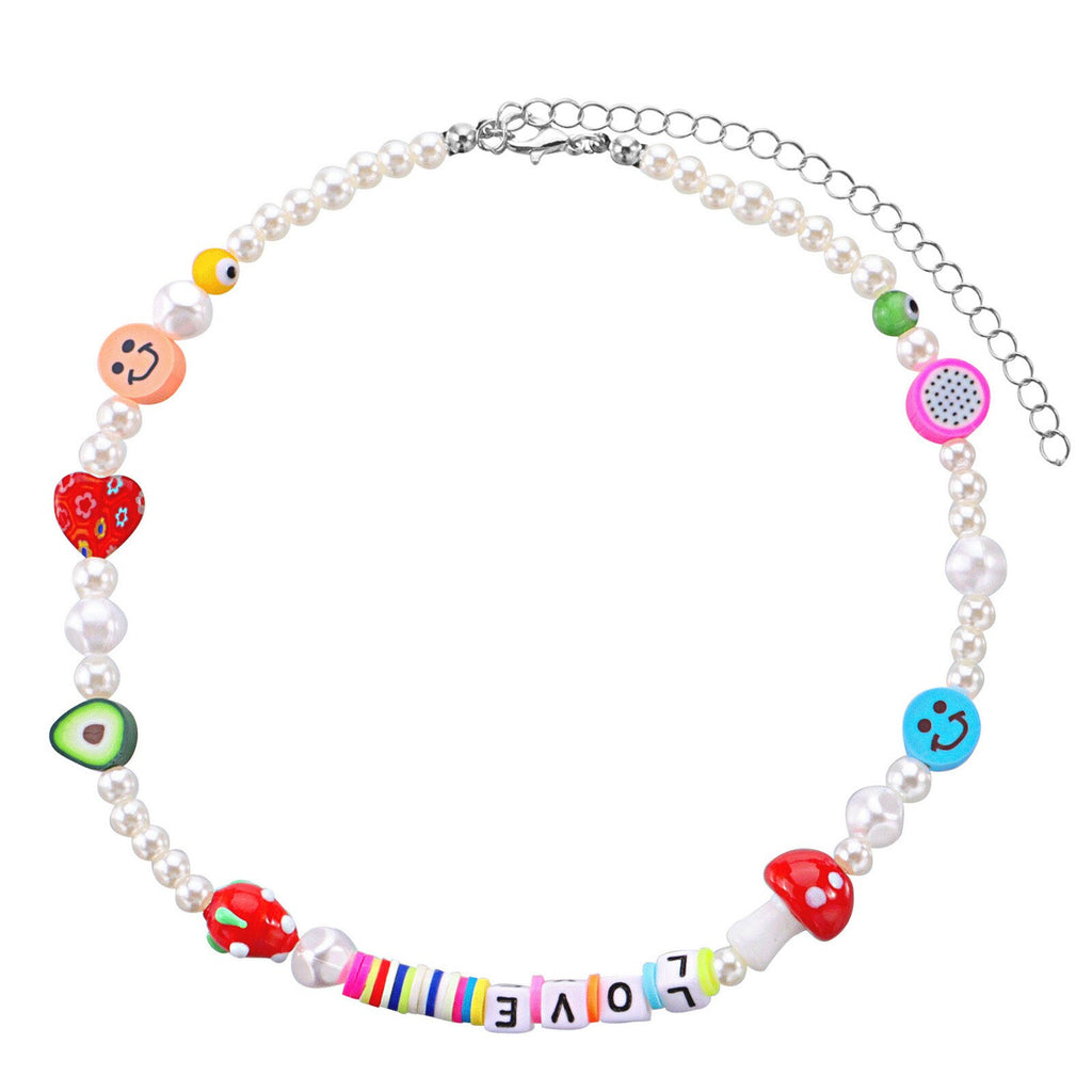 Colorful Mushroom Fruit Smiley Love Pattern Choker Bohemia Short Necklace White Imitation Pearl Zinc Alloy Beaded Necklace
