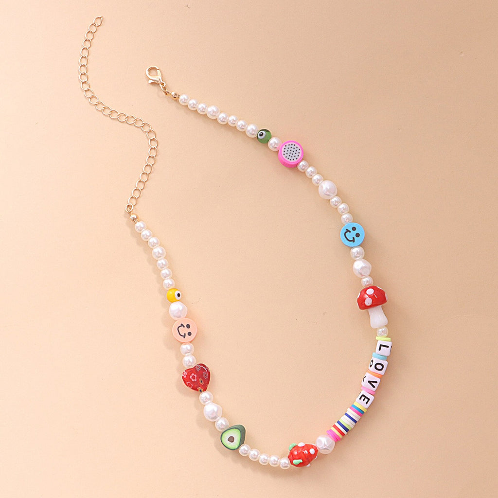 Colorful Mushroom Fruit Smiley Love Pattern Choker Bohemia Short Necklace White Imitation Pearl Zinc Alloy Beaded Necklace