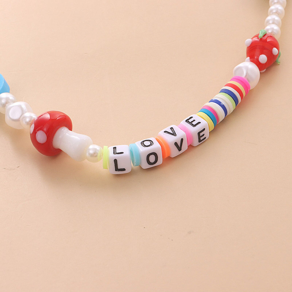 Colorful Mushroom Fruit Smiley Love Pattern Choker Bohemia Short Necklace White Imitation Pearl Zinc Alloy Beaded Necklace