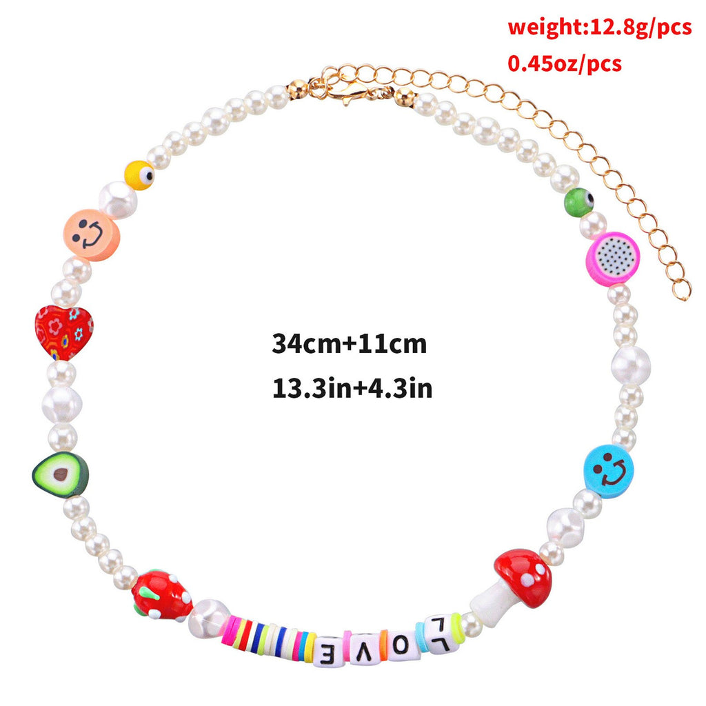 Colorful Mushroom Fruit Smiley Love Pattern Choker Bohemia Short Necklace White Imitation Pearl Zinc Alloy Beaded Necklace