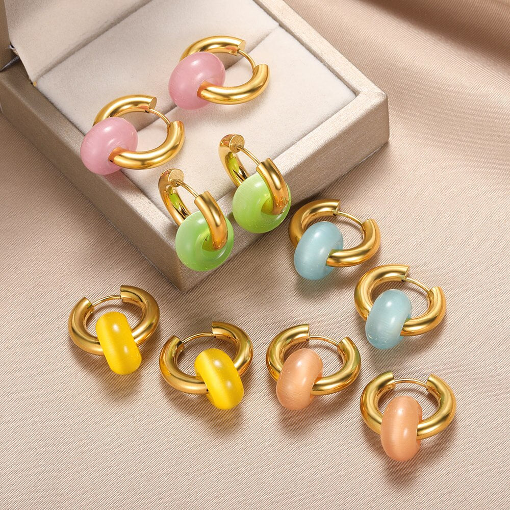 Colorful Opal Round Earrings for Women Stainless Steel Dangle Drop Earring 2023 Trend Wedding Jewelry Christmas Gift