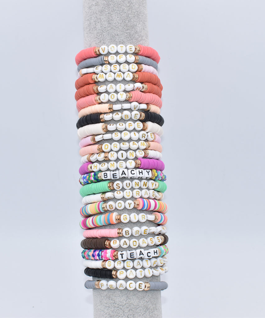 Colorful Polymer Clay Disc Brush Gold Zinc Alloy Metal Spacers  Words FAITH BREATHE MAMA BELIEVE  stretch Bracelet For Women