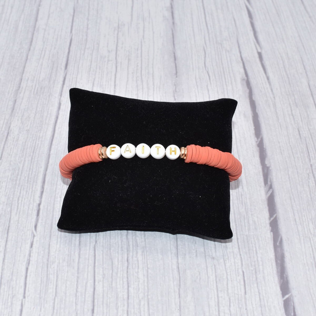 Colorful Polymer Clay Disc Brush Gold Zinc Alloy Metal Spacers  Words FAITH BREATHE MAMA BELIEVE  stretch Bracelet For Women