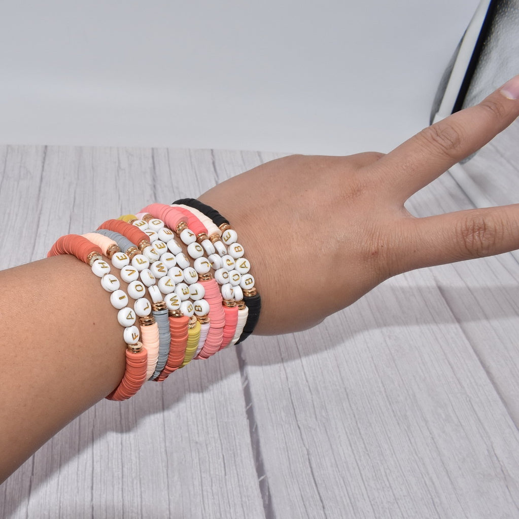 Colorful Polymer Clay Disc Brush Gold Zinc Alloy Metal Spacers  Words FAITH BREATHE MAMA BELIEVE  stretch Bracelet For Women