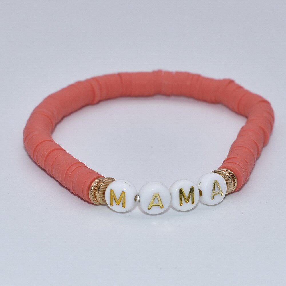 Colorful Polymer Clay Disc Brush Gold Zinc Alloy Metal Spacers  Words FAITH BREATHE MAMA BELIEVE  stretch Bracelet For Women