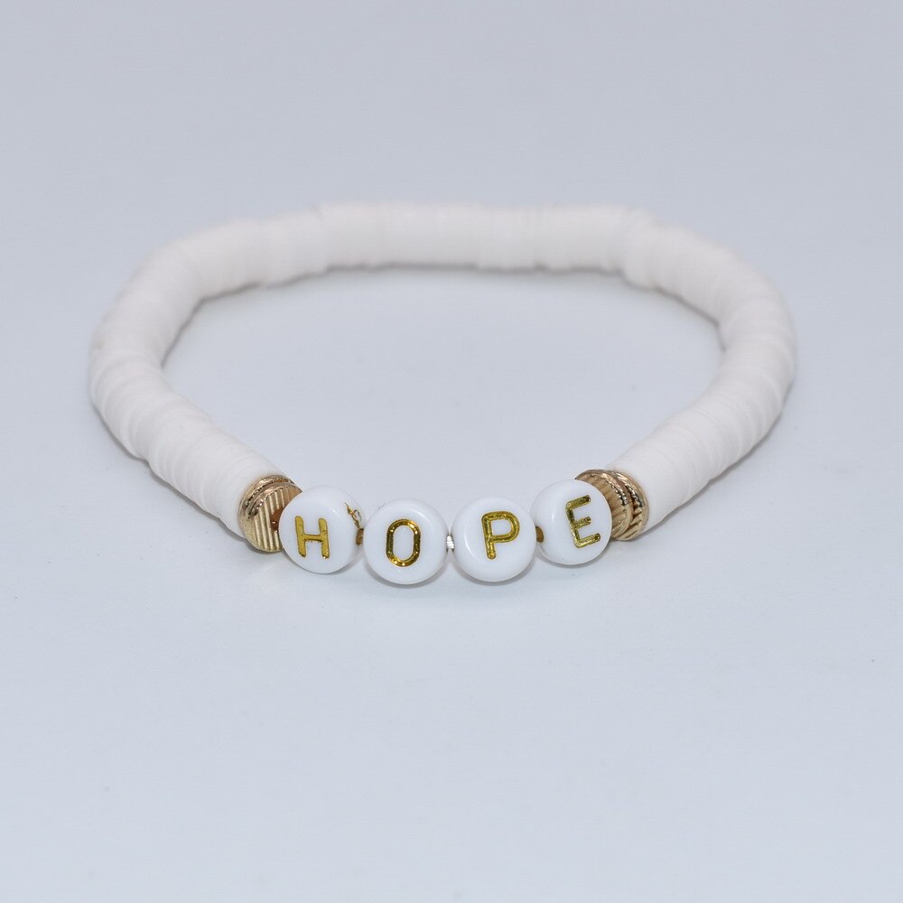 Colorful Polymer Clay Disc Brush Gold Zinc Alloy Metal Spacers  Words FAITH BREATHE MAMA BELIEVE  stretch Bracelet For Women