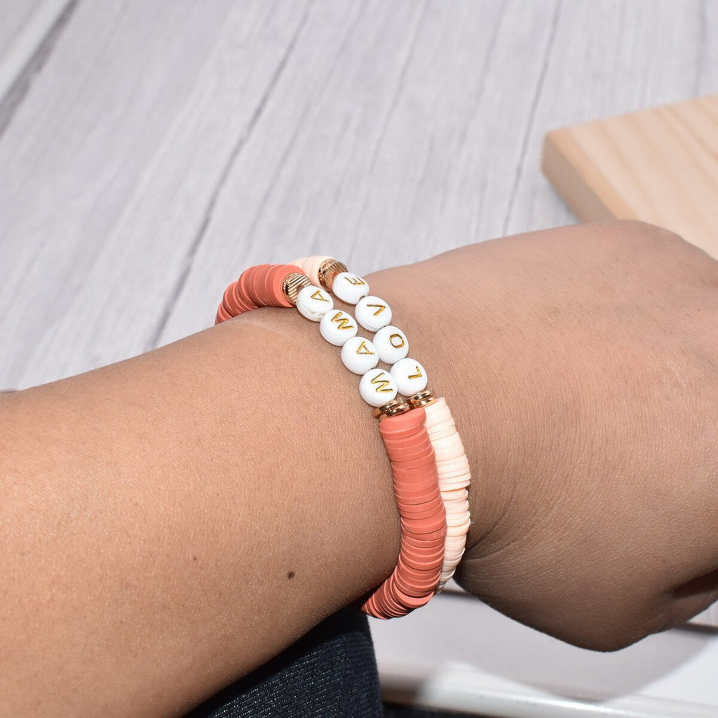 Colorful Polymer Clay Disc Brush Gold Zinc Alloy Metal Spacers  Words FAITH BREATHE MAMA BELIEVE  stretch Bracelet For Women