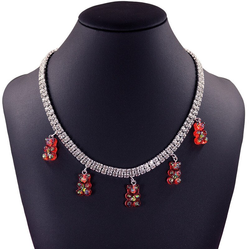Colorful Rainbow Cute Jelly Bear Gummy Bling Necklaces Pendant for Women Girls Cool Punk Hip Hop Resin Necklaces Accessories