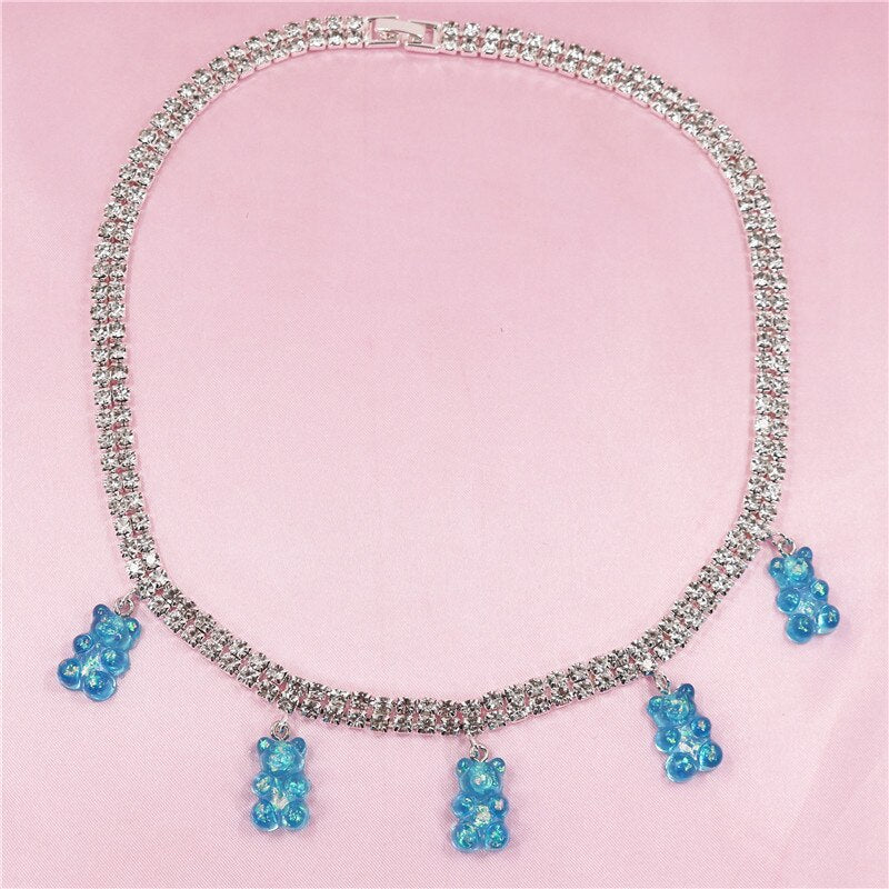 Colorful Rainbow Cute Jelly Bear Gummy Bling Necklaces Pendant for Women Girls Cool Punk Hip Hop Resin Necklaces Accessories