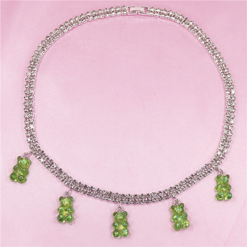 Colorful Rainbow Cute Jelly Bear Gummy Bling Necklaces Pendant for Women Girls Cool Punk Hip Hop Resin Necklaces Accessories