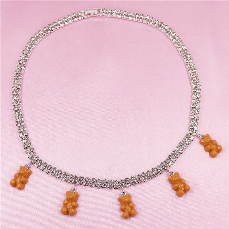 Colorful Rainbow Cute Jelly Bear Gummy Bling Necklaces Pendant for Women Girls Cool Punk Hip Hop Resin Necklaces Accessories