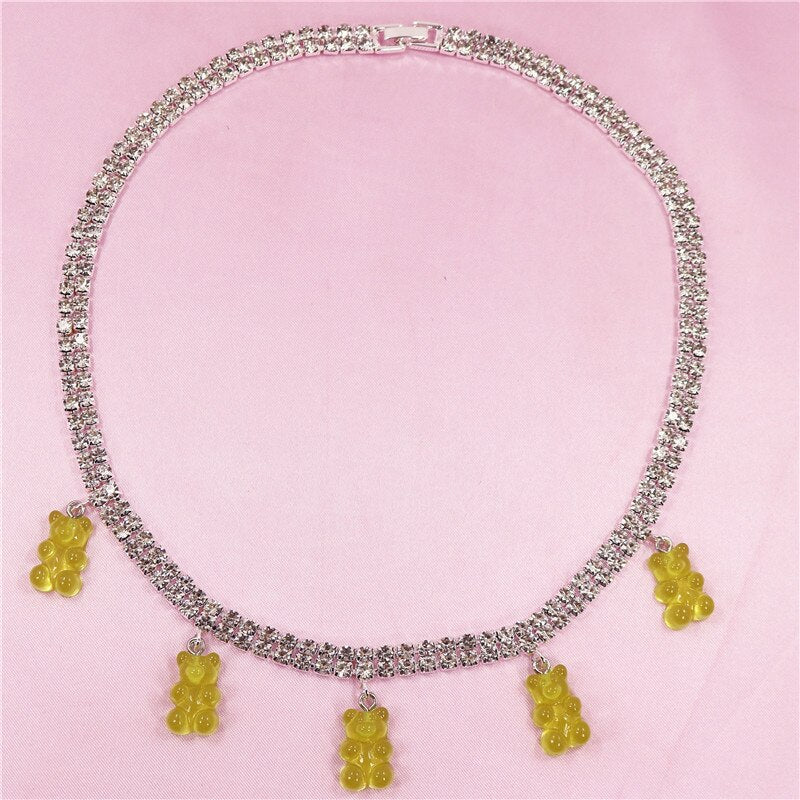 Colorful Rainbow Cute Jelly Bear Gummy Bling Necklaces Pendant for Women Girls Cool Punk Hip Hop Resin Necklaces Accessories