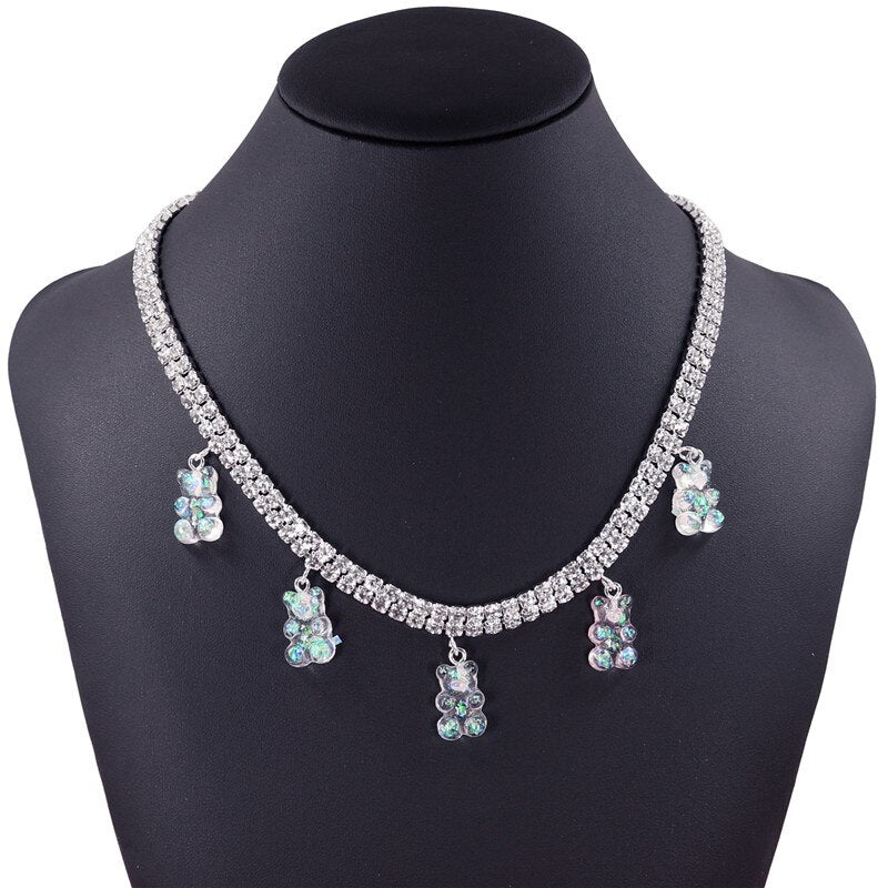 Colorful Rainbow Cute Jelly Bear Gummy Bling Necklaces Pendant for Women Girls Cool Punk Hip Hop Resin Necklaces Accessories