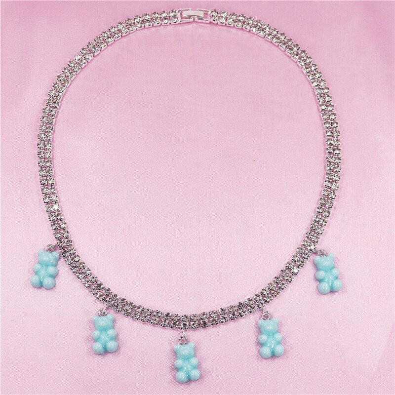 Colorful Rainbow Cute Jelly Bear Gummy Bling Necklaces Pendant for Women Girls Cool Punk Hip Hop Resin Necklaces Accessories