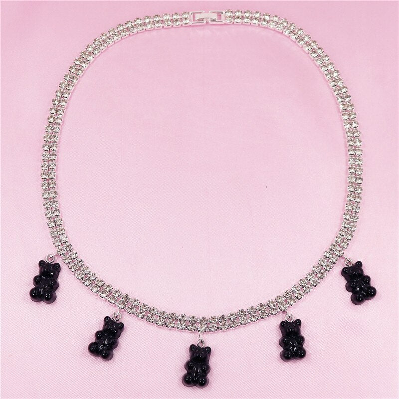 Colorful Rainbow Cute Jelly Bear Gummy Bling Necklaces Pendant for Women Girls Cool Punk Hip Hop Resin Necklaces Accessories