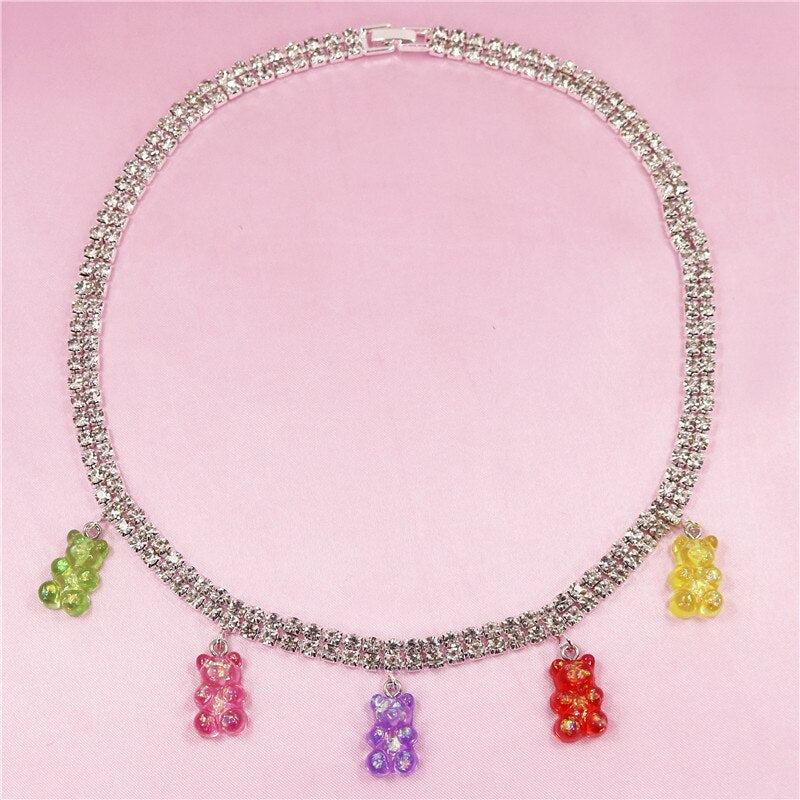 Colorful Rainbow Cute Jelly Bear Gummy Bling Necklaces Pendant for Women Girls Cool Punk Hip Hop Resin Necklaces Accessories