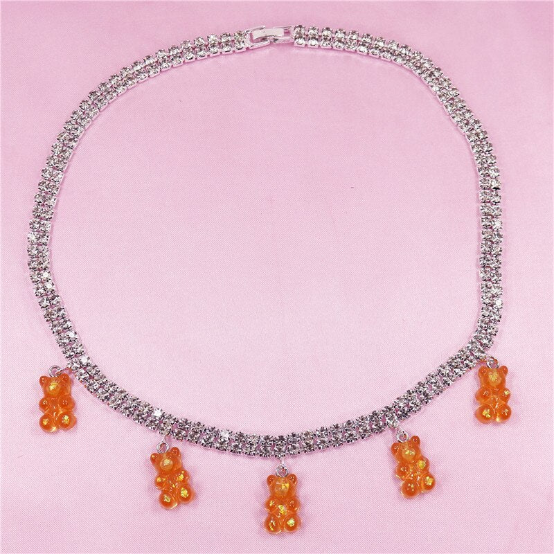 Colorful Rainbow Cute Jelly Bear Gummy Bling Necklaces Pendant for Women Girls Cool Punk Hip Hop Resin Necklaces Accessories