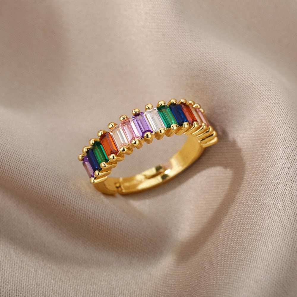 Colorful Rainbow Zircon Rings For Women Luxury Open Adjustable Wide Finger Ring Engagement Wedding Band Jewerly Lady Couple Gift