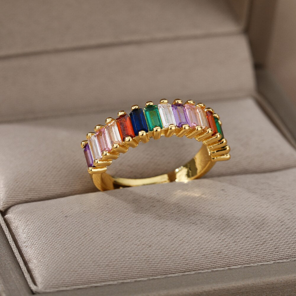 Colorful Rainbow Zircon Rings For Women Luxury Open Adjustable Wide Finger Ring Engagement Wedding Band Jewerly Lady Couple Gift