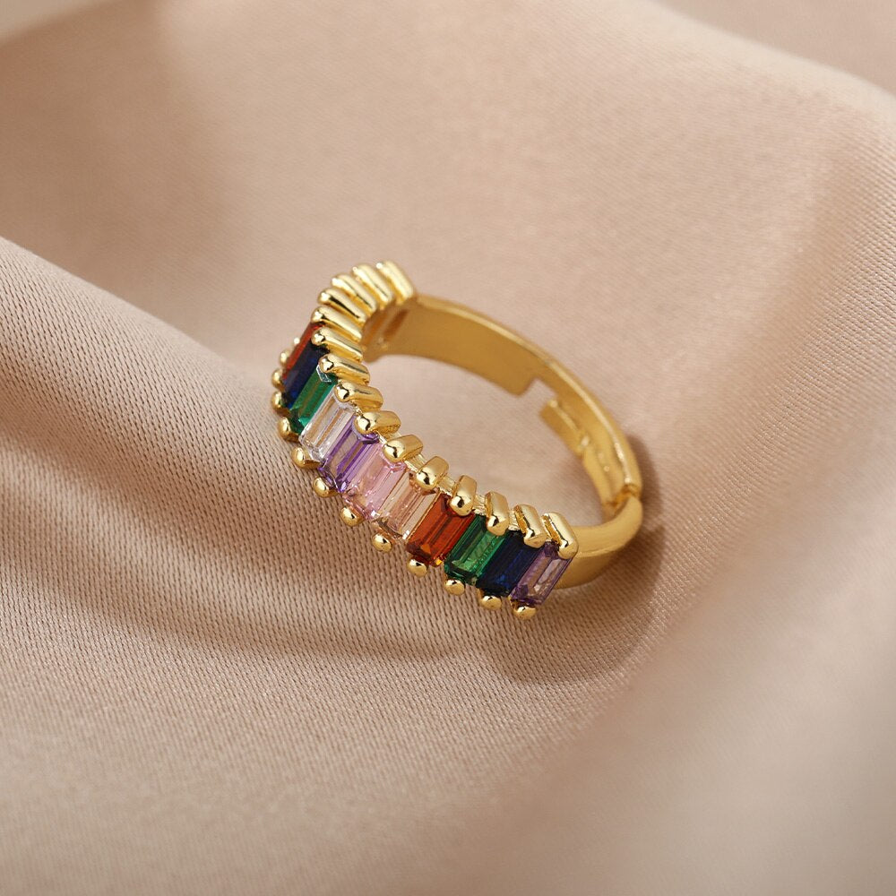Colorful Rainbow Zircon Rings For Women Luxury Open Adjustable Wide Finger Ring Engagement Wedding Band Jewerly Lady Couple Gift