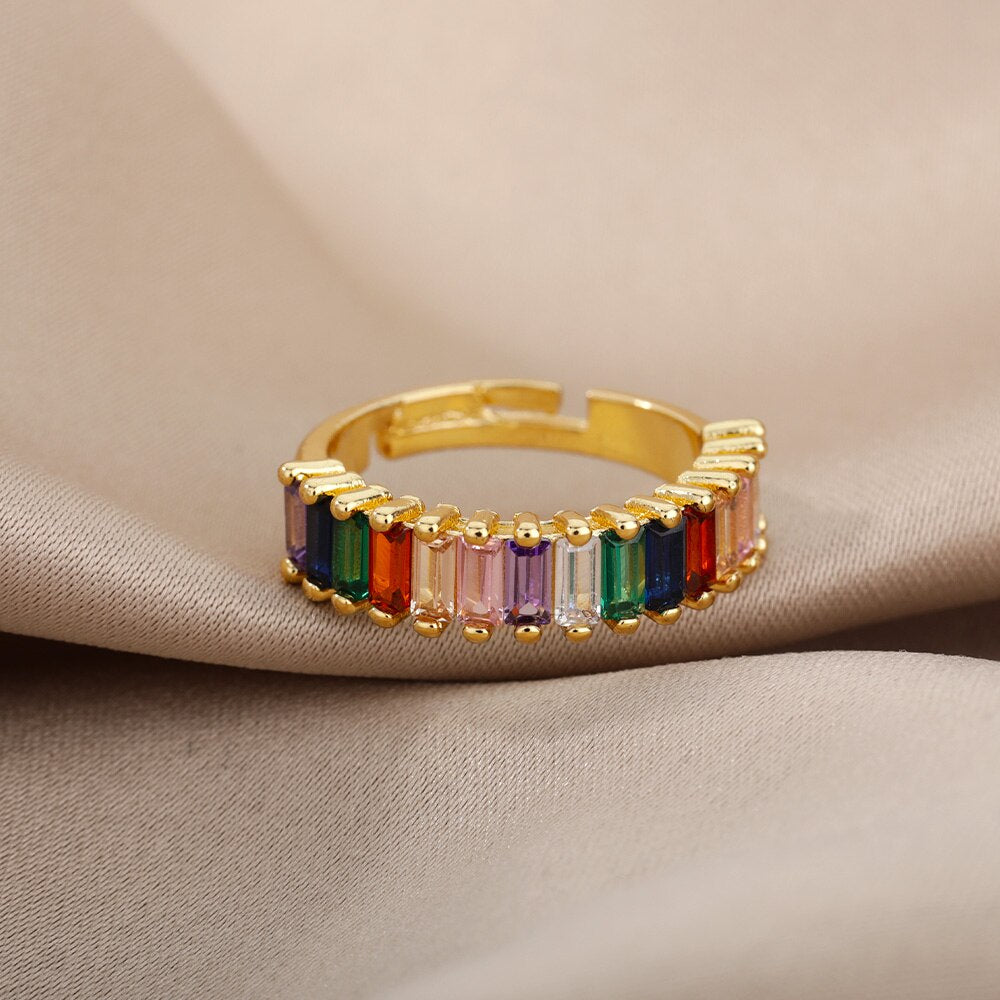 Colorful Rainbow Zircon Rings For Women Luxury Open Adjustable Wide Finger Ring Engagement Wedding Band Jewerly Lady Couple Gift