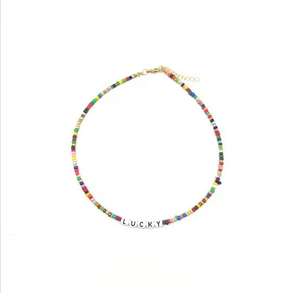 Colorful Rice Bead Necklace Letters Round Beads Good Luck Love Girl Clavicle Chain Female Boho Cute Jewelry Gift Choker