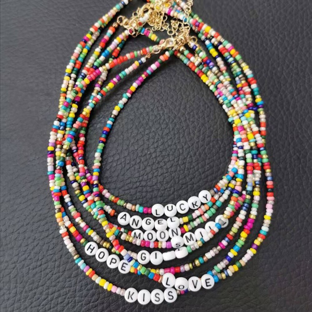 Colorful Rice Bead Necklace Letters Round Beads Good Luck Love Girl Clavicle Chain Female Boho Cute Jewelry Gift Choker