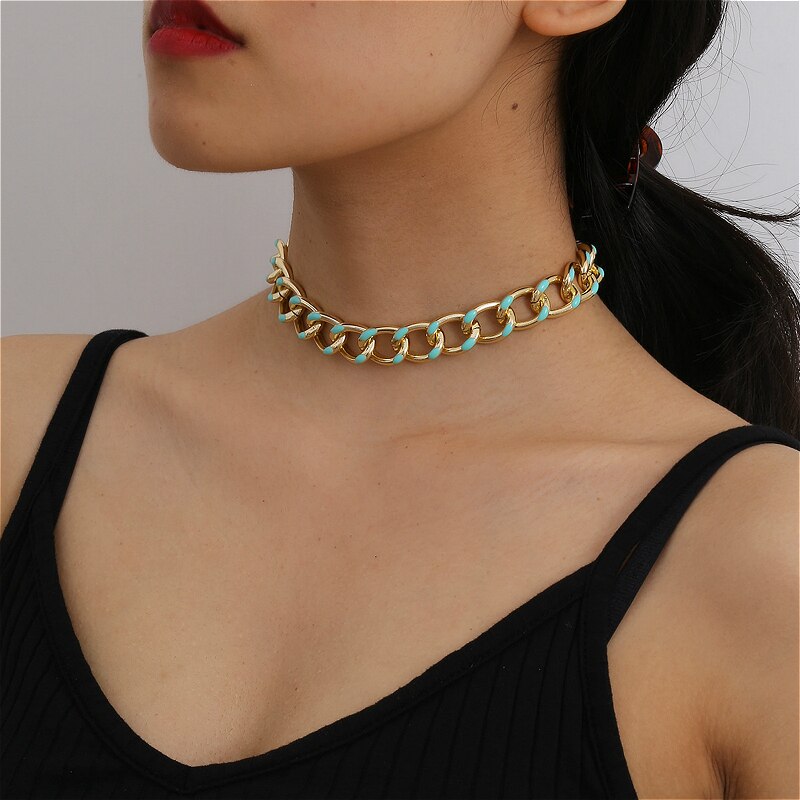 Colorful Rock Punk Clavicle Chain Necklaces Jewelry Hyperbole Geometric Chain Choker For Women Trendy Hip Hop Accessories