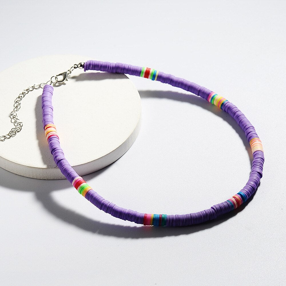 Colorful Soft Ceramics Clay Hollow Circle Beading Handmade Simple Red Yellow Purple Orange White Black Choker Necklace for Women