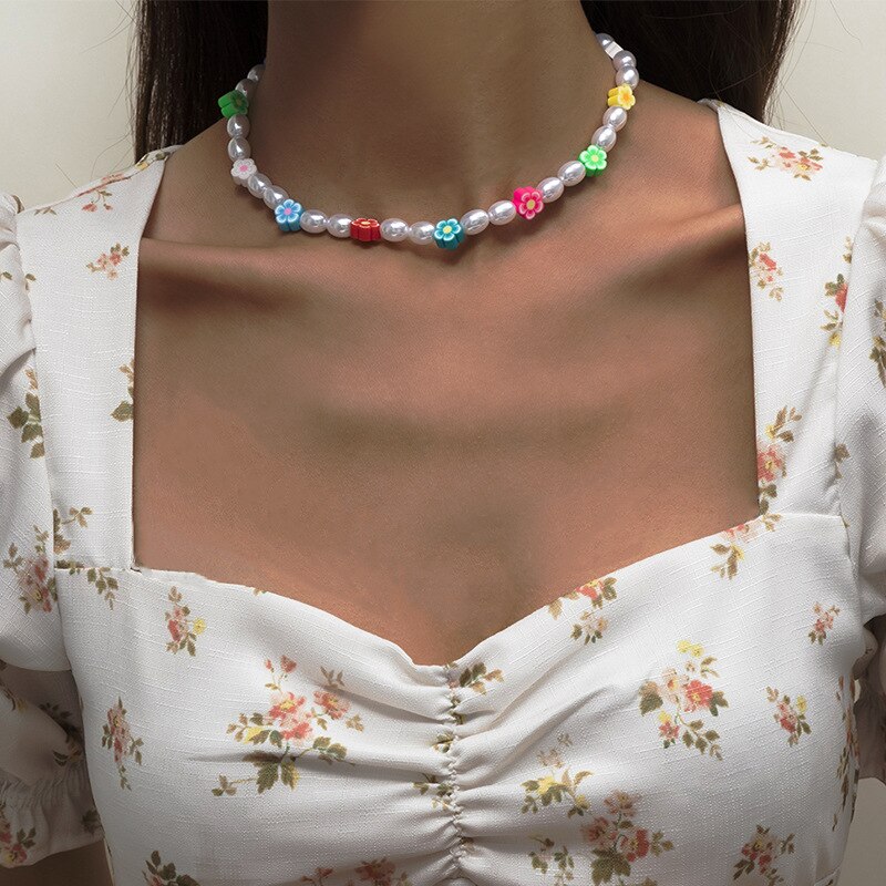Colorful Soft Clay Flower Pearl Beaded Necklace Ethnic Star Unusual Necklaces 2021 Trend Punk Clothing Choker On The Neck