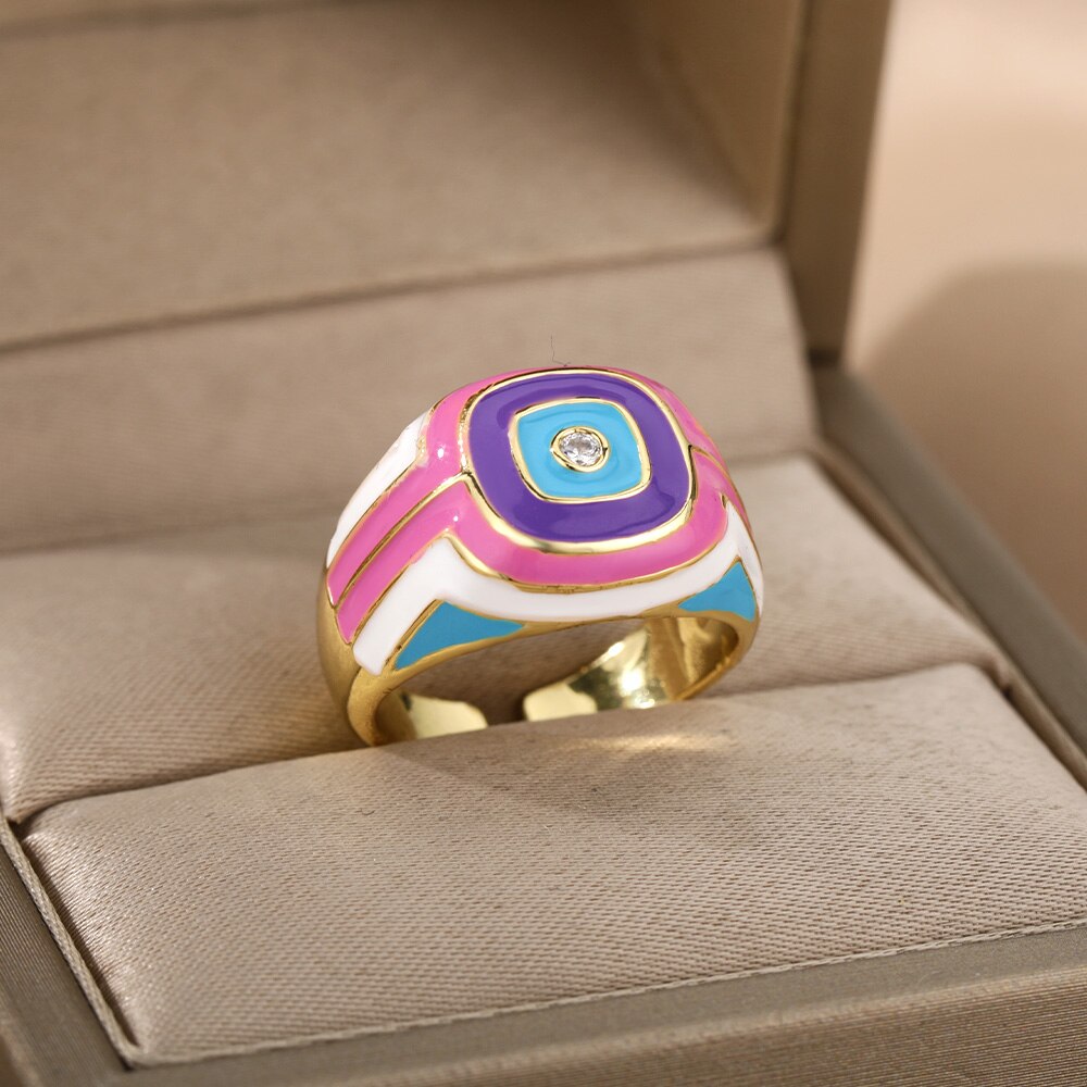 Colorful Square Enamel Rings For Women Geometric Open Stainless Steel Dripping Oil Couple Ring Vintage Bohemian Jewerly anillos