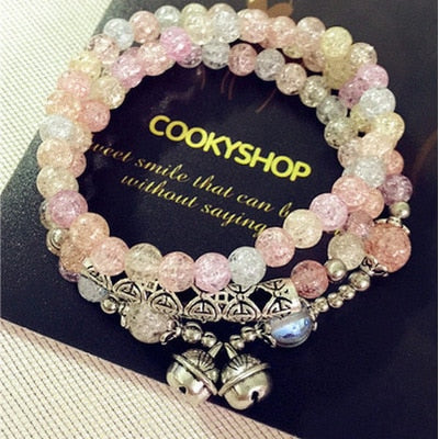 Colorful Stone Bracelet with Tinkle Bell Green and Pink Colors Multi-layers Beaded Bracelet Fashion Prayer Beads for Women
