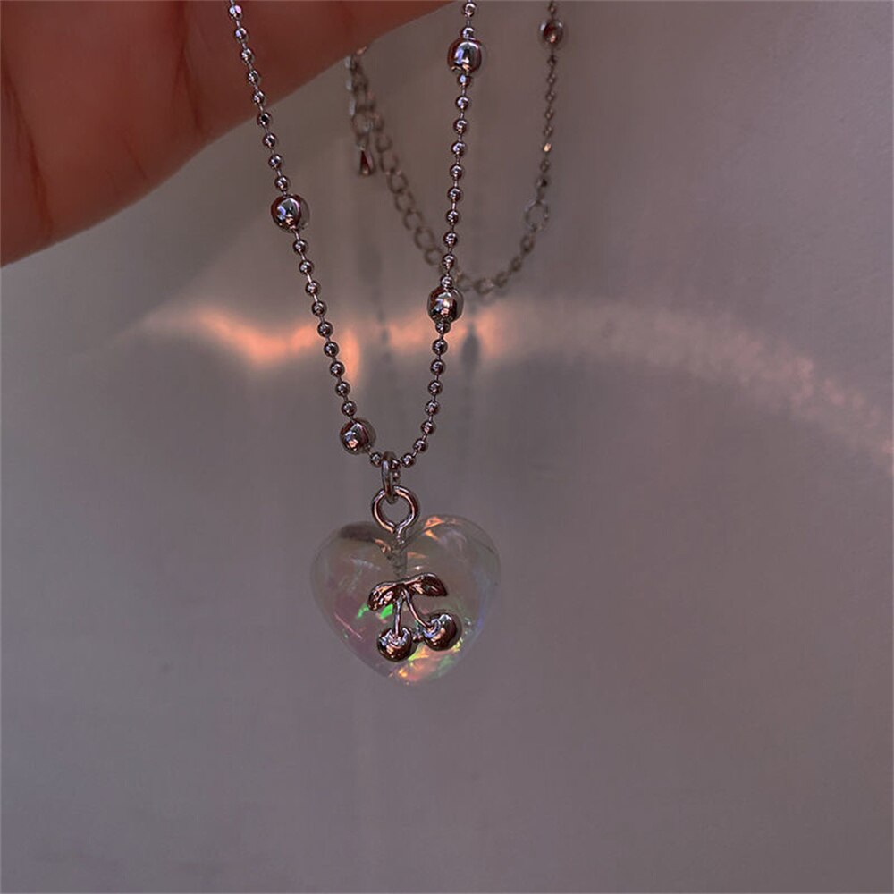 Colorful Transparent Love Heart Cherry Pendant Titanium Steel Bead Chain Necklace For Women Egirl Y2K Punk Retro Jewelry