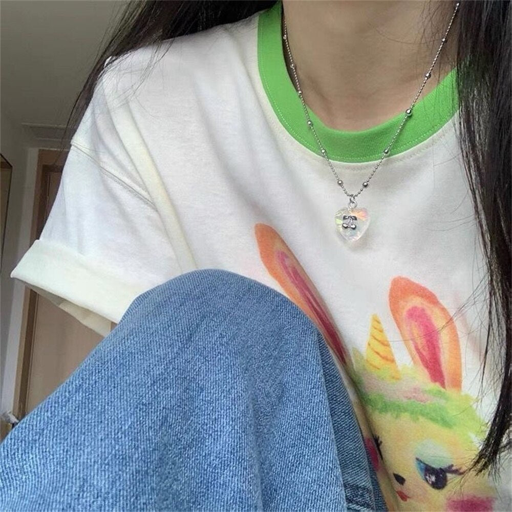 Colorful Transparent Love Heart Cherry Pendant Titanium Steel Bead Chain Necklace For Women Egirl Y2K Punk Retro Jewelry