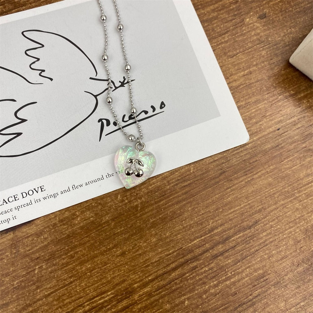 Colorful Transparent Love Heart Cherry Pendant Titanium Steel Bead Chain Necklace For Women Egirl Y2K Punk Retro Jewelry