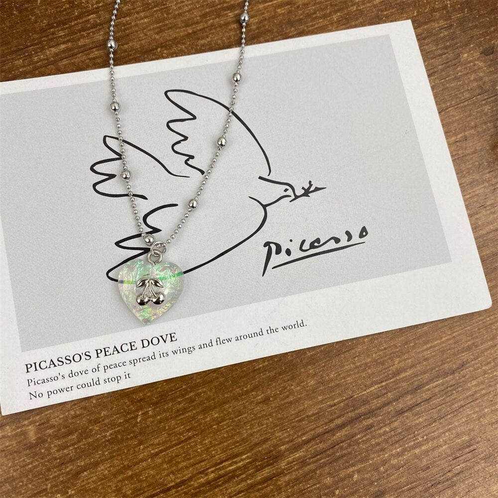 Colorful Transparent Love Heart Cherry Pendant Titanium Steel Bead Chain Necklace For Women Egirl Y2K Punk Retro Jewelry