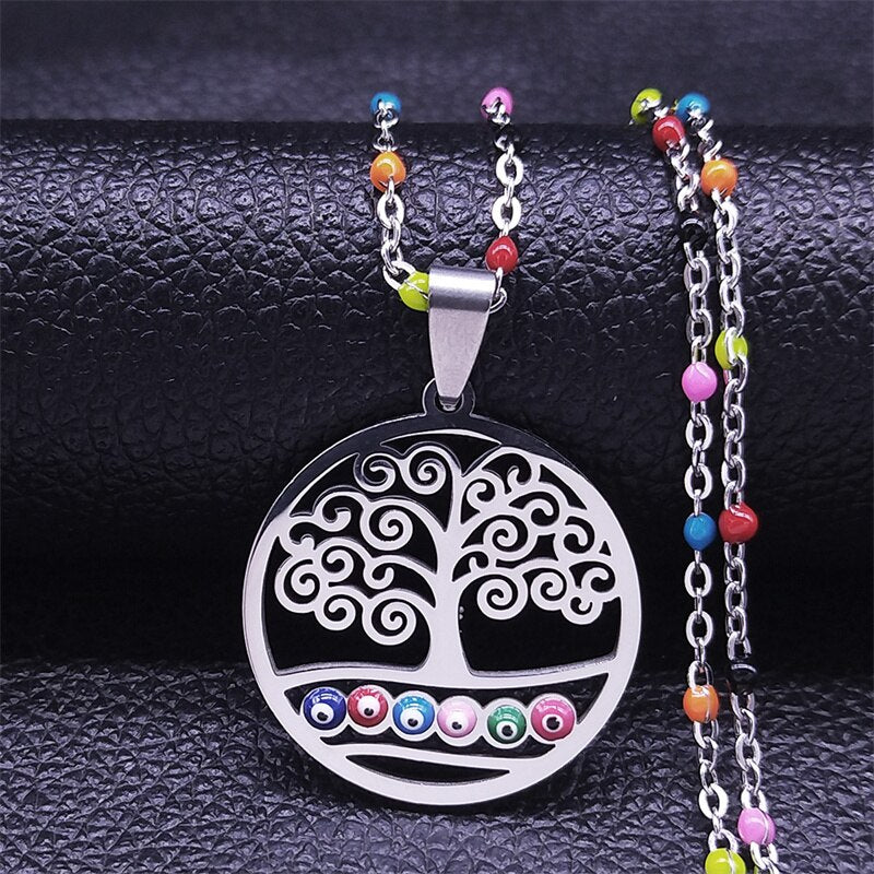 Colorful Turkey Tree of Life Stainless Steel Necklaces Women Silver Color Pendant Necklace jewlery acier inoxydable N5204S04