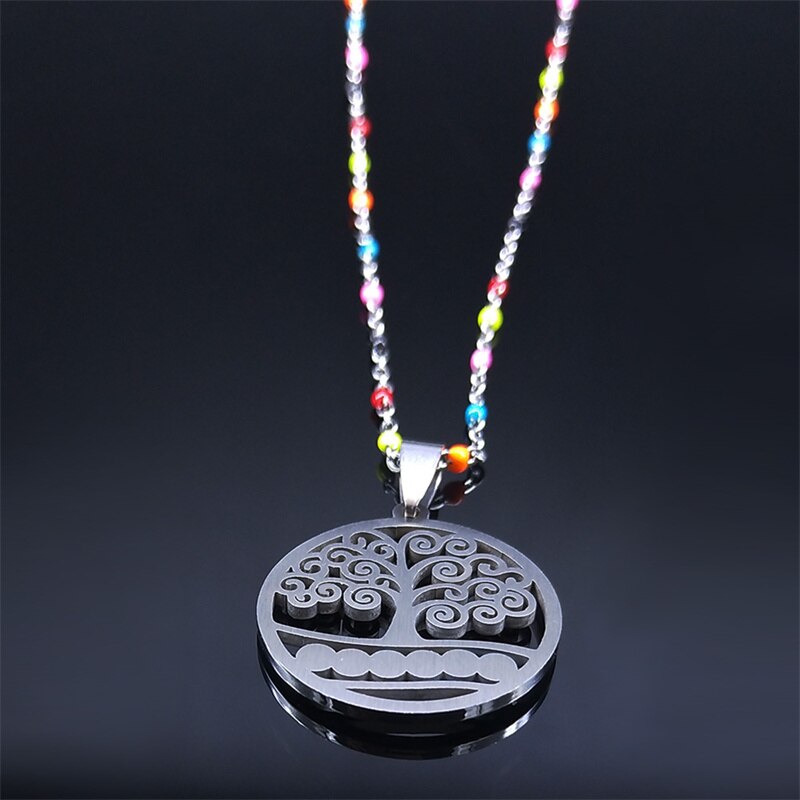 Colorful Turkey Tree of Life Stainless Steel Necklaces Women Silver Color Pendant Necklace jewlery acier inoxydable N5204S04