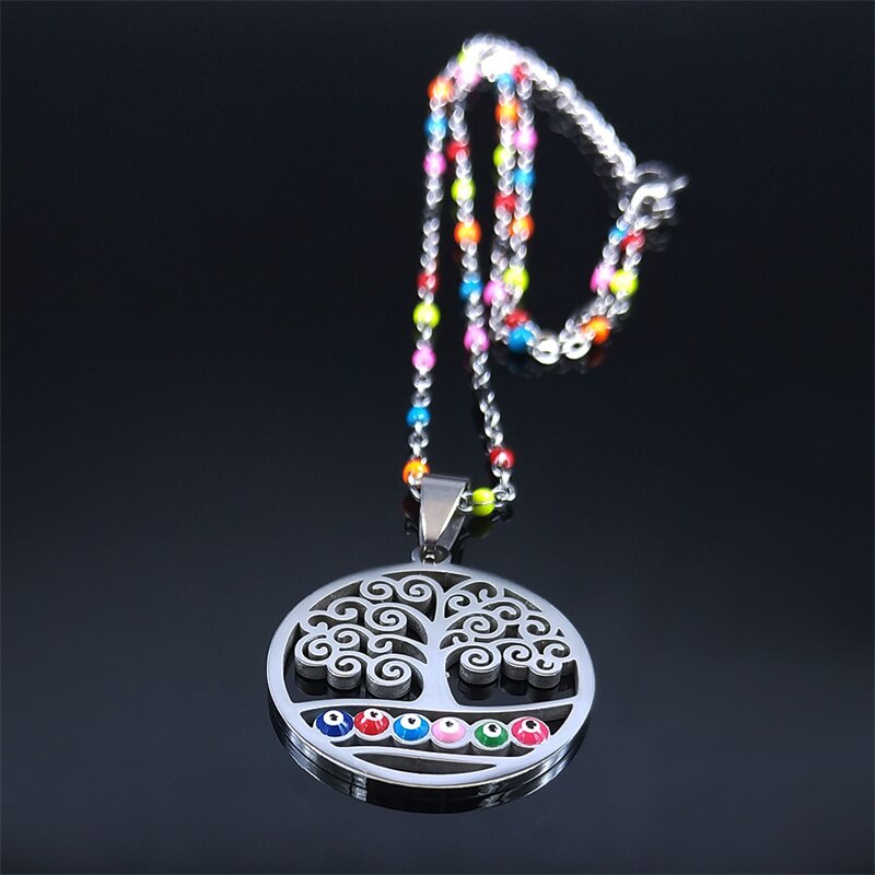 Colorful Turkey Tree of Life Stainless Steel Necklaces Women Silver Color Pendant Necklace jewlery acier inoxydable N5204S04