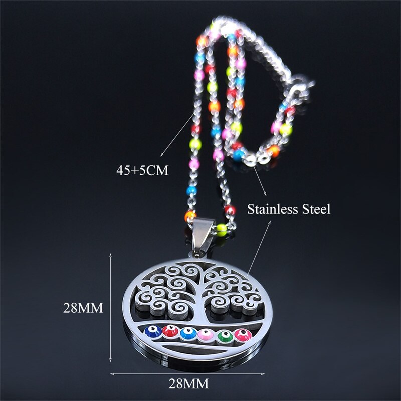 Colorful Turkey Tree of Life Stainless Steel Necklaces Women Silver Color Pendant Necklace jewlery acier inoxydable N5204S04