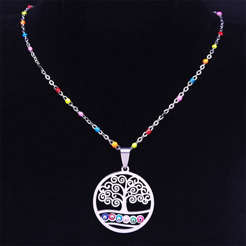 Colorful Turkey Tree of Life Stainless Steel Necklaces Women Silver Color Pendant Necklace jewlery acier inoxydable N5204S04