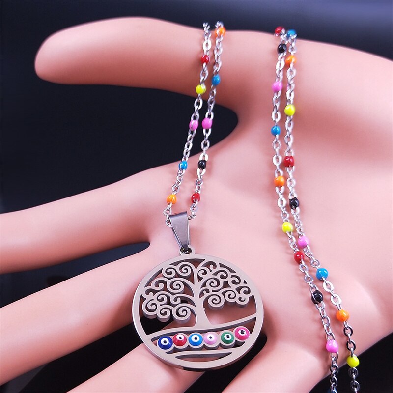 Colorful Turkey Tree of Life Stainless Steel Necklaces Women Silver Color Pendant Necklace jewlery acier inoxydable N5204S04