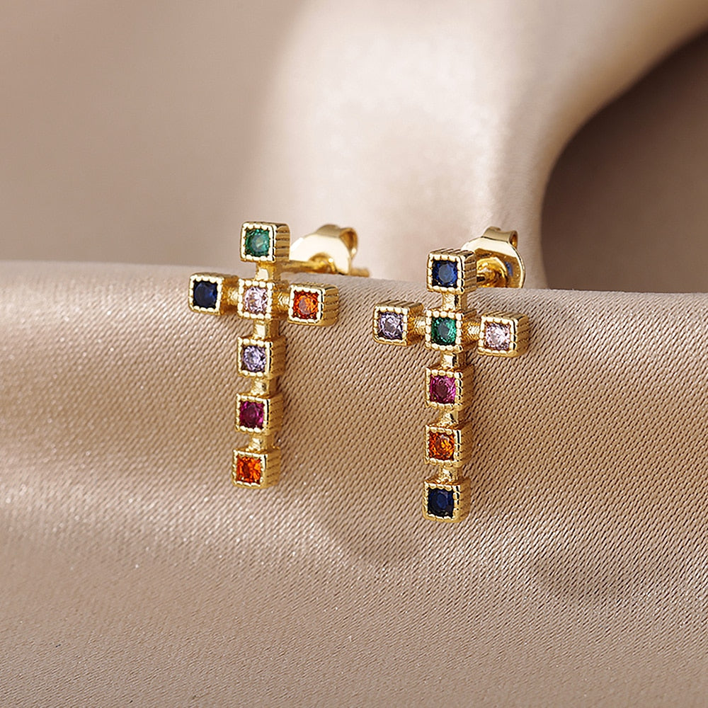 Colorful Zircon Cross Stud Earrings For Women Stainless Steel Crystal Earrings Retro Boho Religious Jewelry pendientes mujer