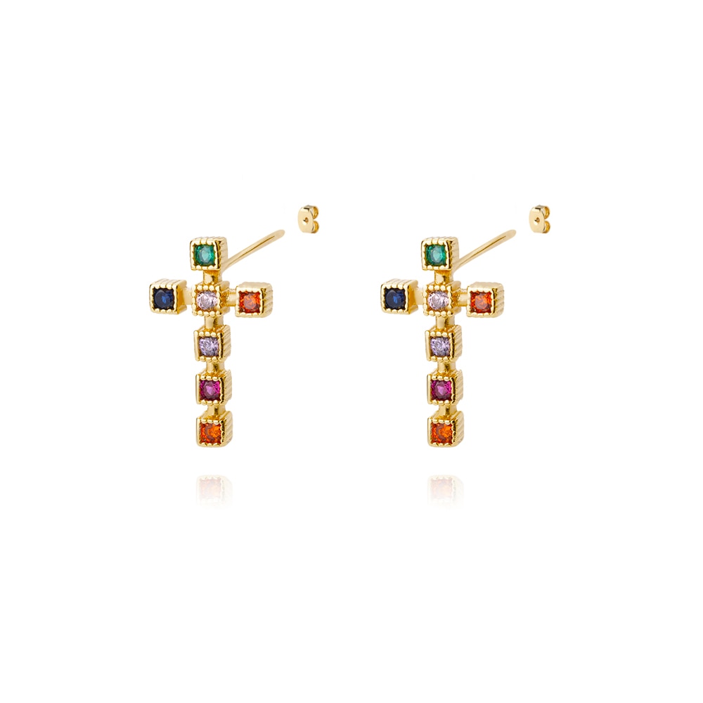 Colorful Zircon Cross Stud Earrings For Women Stainless Steel Crystal Earrings Retro Boho Religious Jewelry pendientes mujer