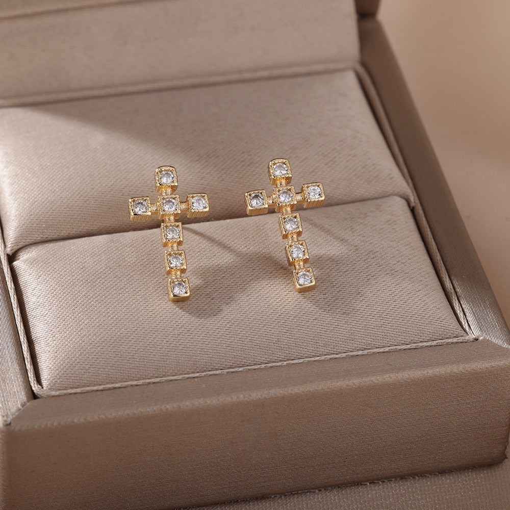 Colorful Zircon Cross Stud Earrings For Women Stainless Steel Crystal Earrings Retro Boho Religious Jewelry pendientes mujer