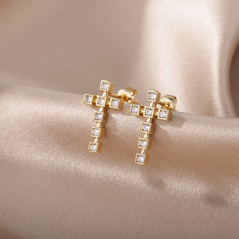 Colorful Zircon Cross Stud Earrings For Women Stainless Steel Crystal Earrings Retro Boho Religious Jewelry pendientes mujer